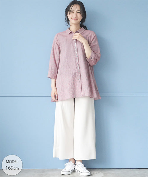 ストライプ柄前立て刺繍7分袖シャツブラウス 55-0114