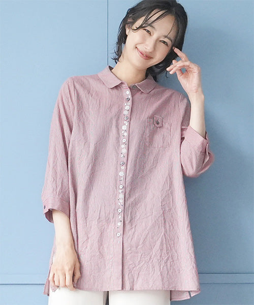 ストライプ柄前立て刺繍7分袖シャツブラウス 55-0114