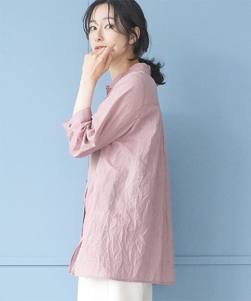 ストライプ柄前立て刺繍7分袖シャツブラウス 55-0114