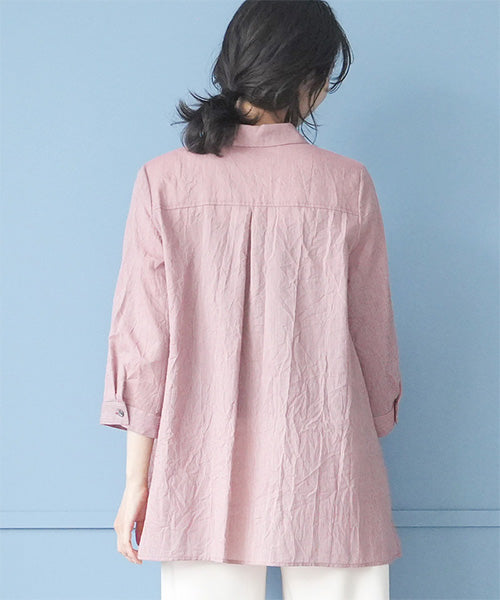 ストライプ柄前立て刺繍7分袖シャツブラウス 55-0114