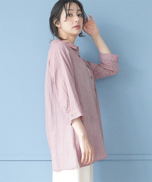 ストライプ柄前立て刺繍7分袖シャツブラウス 55-0114