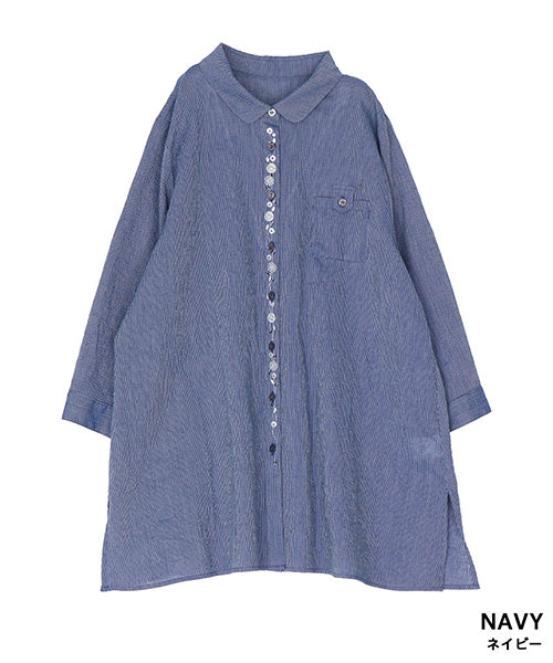 ストライプ柄前立て刺繍7分袖シャツブラウス 55-0114
