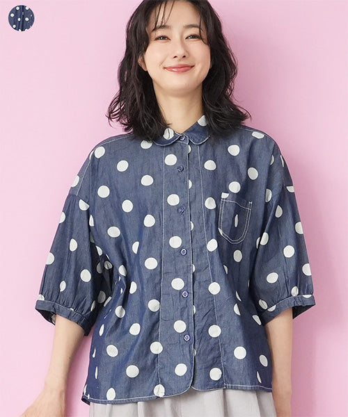 綿100％ドットプリントステッチ切替6分袖シャツブラウス 55-0119｜40代