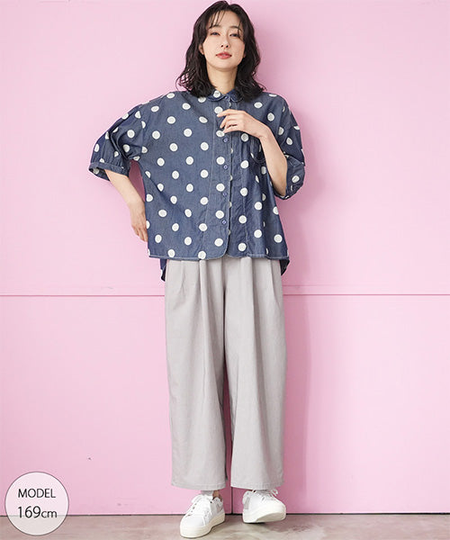 綿100％ドットプリントステッチ切替6分袖シャツブラウス 55-0119｜40代