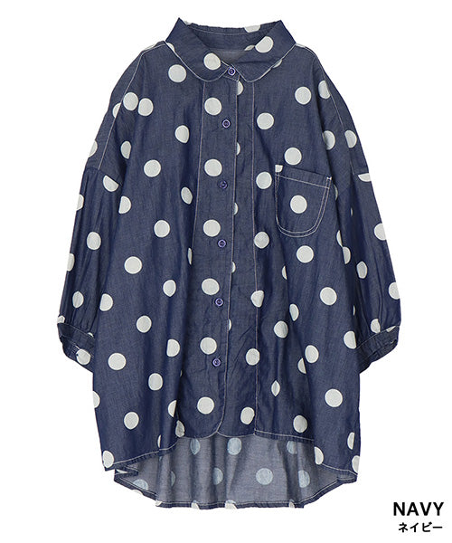 綿100％ドットプリントステッチ切替6分袖シャツブラウス 55-0119｜40代