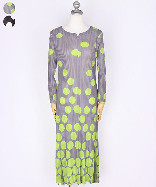 プリーツ加工ドット柄裾異素材切替7分袖ワンピース 91-0180