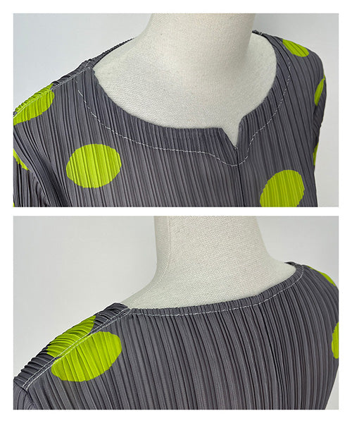 プリーツ加工ドット柄裾異素材切替7分袖ワンピース 91-0180