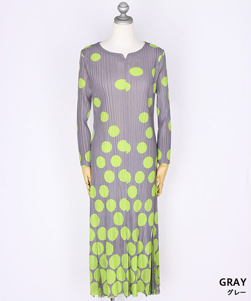 プリーツ加工ドット柄裾異素材切替7分袖ワンピース 91-0180