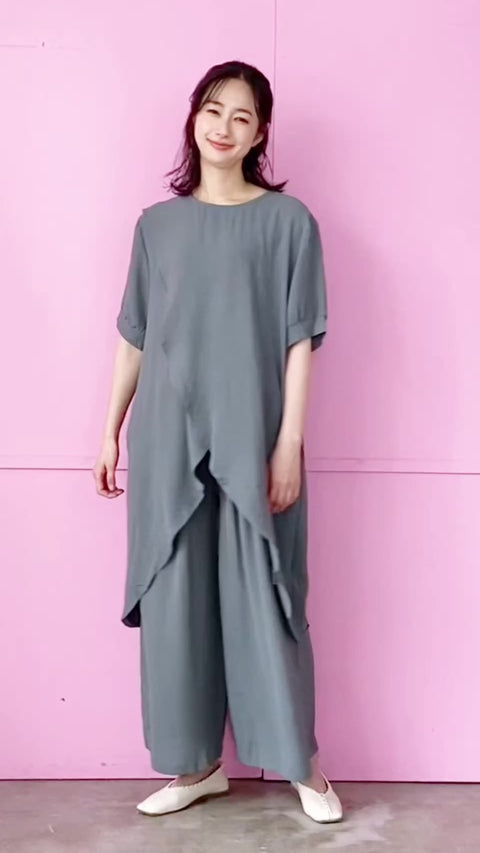 変形チュニック×ワイドパンツセットアップ 06-2792｜40代 50代 60代