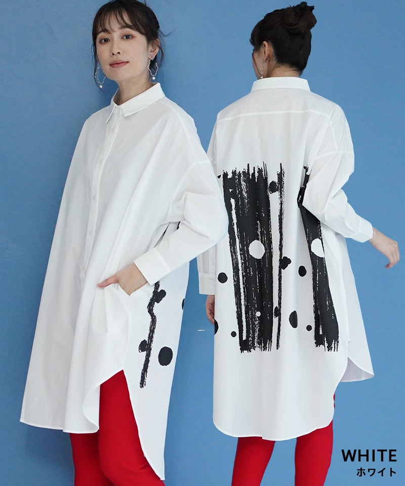 最終価格です　今期25SS新品未使用品コットンリネンフリルシャツ FREE バックプリント変形コットンシャツブラウス｜40代 50代 60代